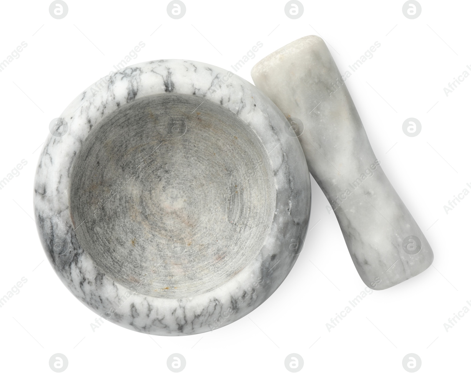 Marble mortar with pestle isolated on white, top view Photo of Marble mortar with pestle isolated on white, top view
