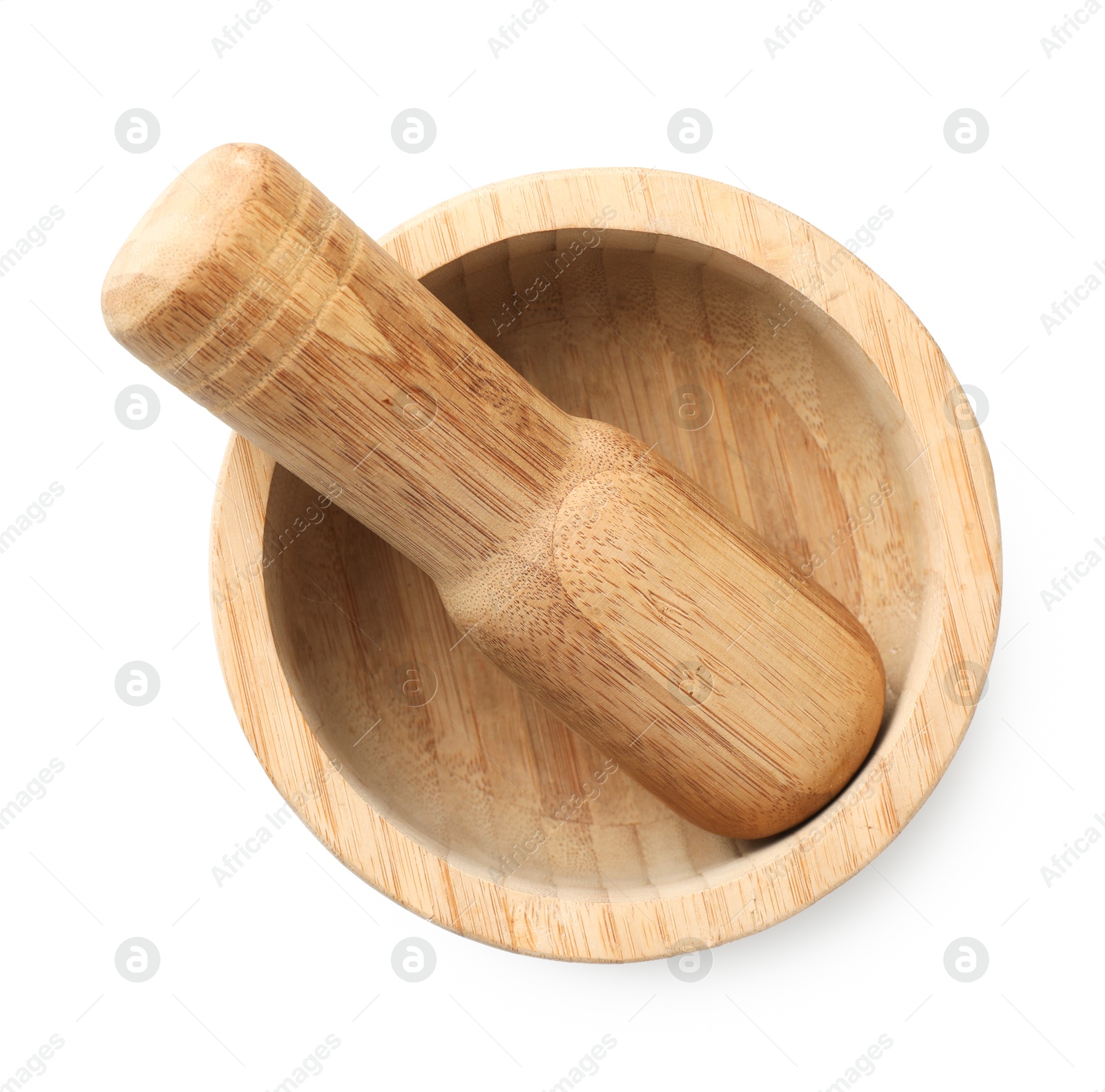 Wooden mortar with pestle isolated on white, top view Photo of Wooden mortar with pestle isolated on white, top view