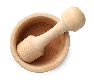 Photo of Wooden mortar with pestle isolated on white, top view