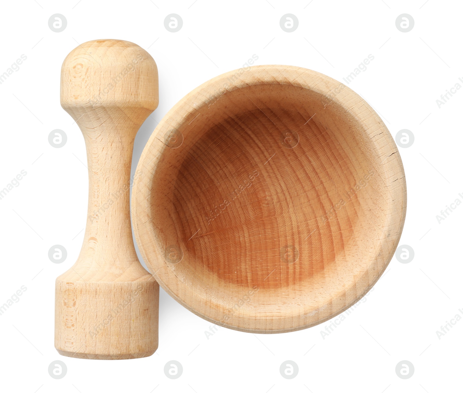 Wooden mortar with pestle isolated on white, top view Photo of Wooden mortar with pestle isolated on white, top view