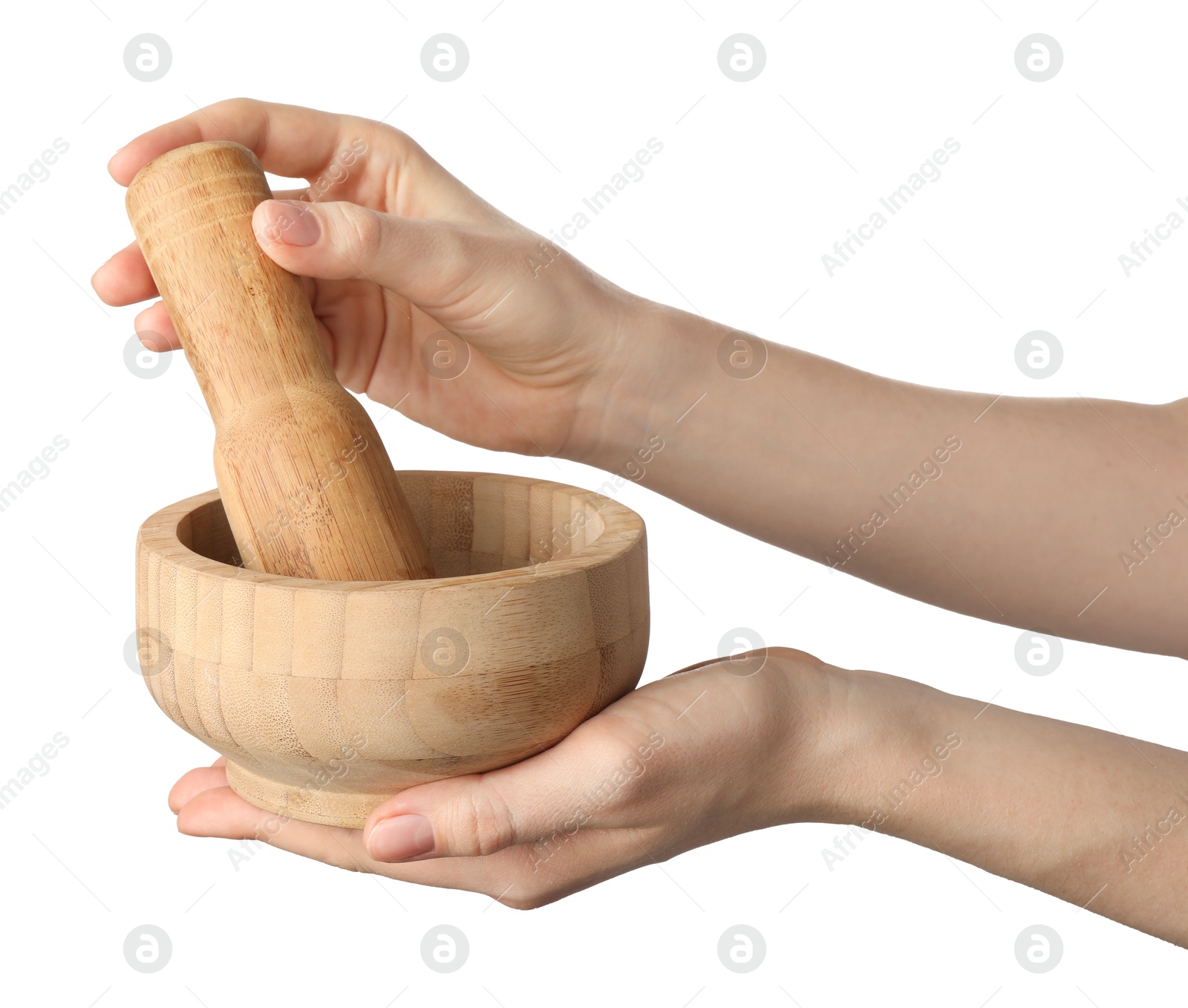 Woman with mortar and pestle on light background, closeup Photo of Woman with mortar and pestle on light background, closeup