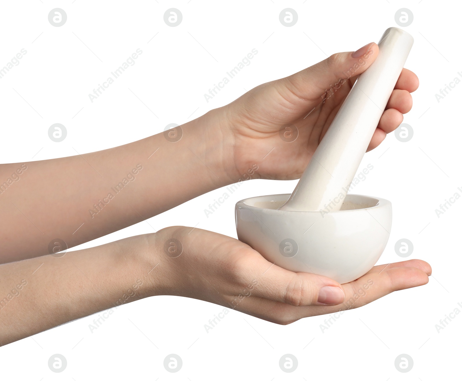 Woman with mortar and pestle on light background, closeup Photo of Woman with mortar and pestle on light background, closeup