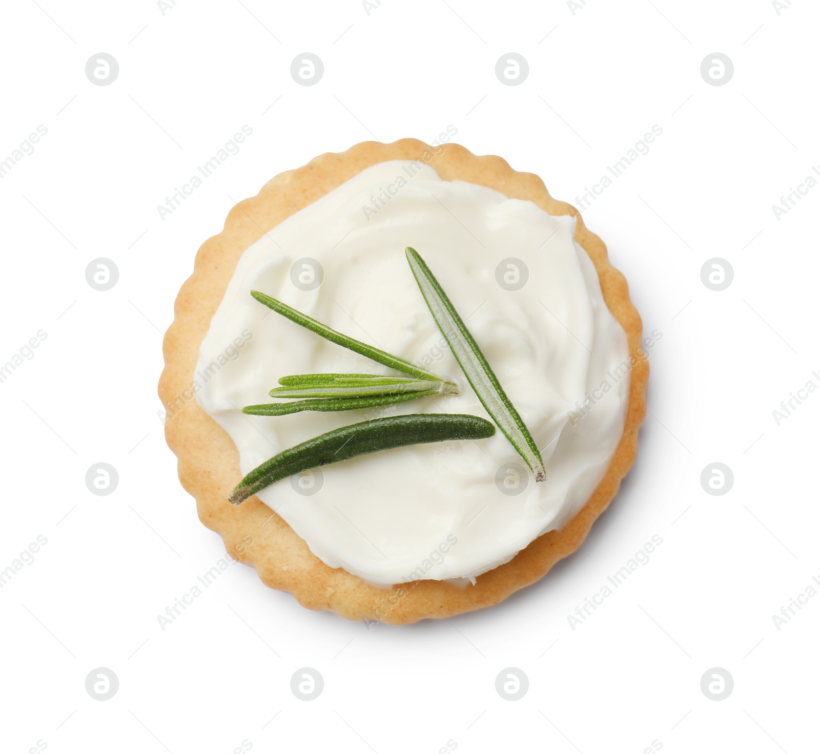 Photo of One tasty cracker with cream cheese and rosemary isolated on white, top view