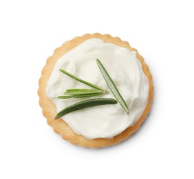 Photo of One tasty cracker with cream cheese and rosemary isolated on white, top view