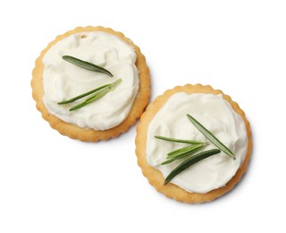Photo of Tasty crackers with cream cheese and rosemary isolated on white, top view