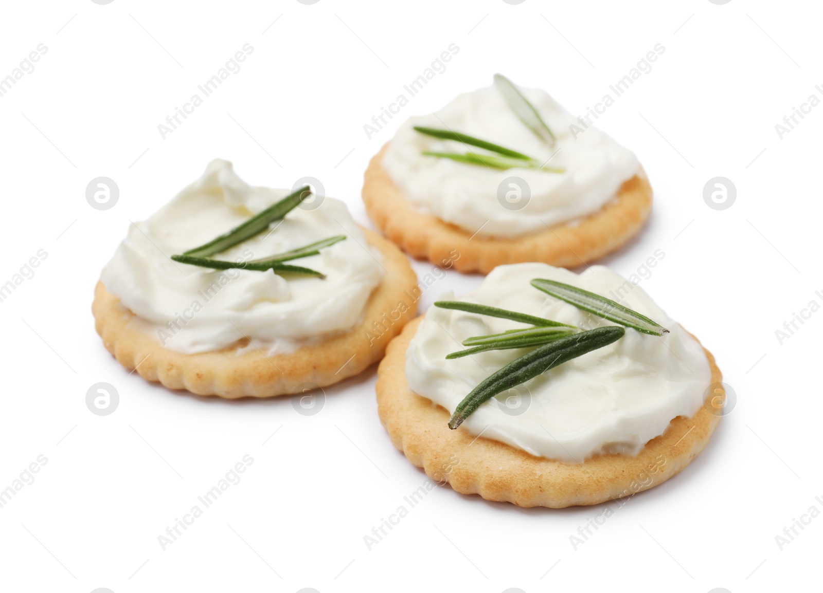 Photo of Tasty crackers with cream cheese and rosemary isolated on white