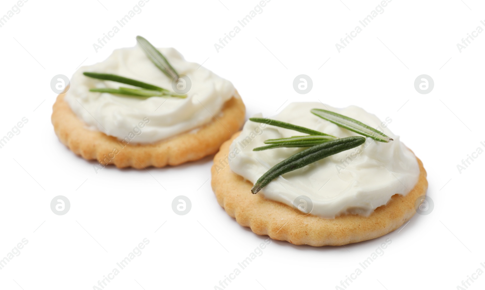 Photo of Tasty crackers with cream cheese and rosemary isolated on white