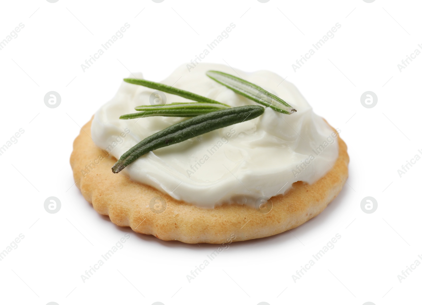 Photo of One tasty cracker with cream cheese and rosemary isolated on white