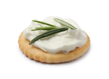 Photo of One tasty cracker with cream cheese and rosemary isolated on white