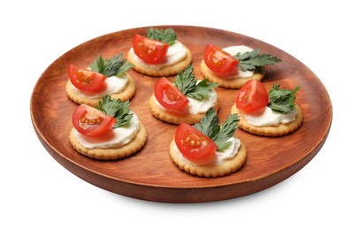 Photo of Tasty crackers with cream cheese, tomatoes and parsley isolated on white