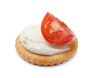 Photo of One tasty cracker with cream cheese and tomato isolated on white