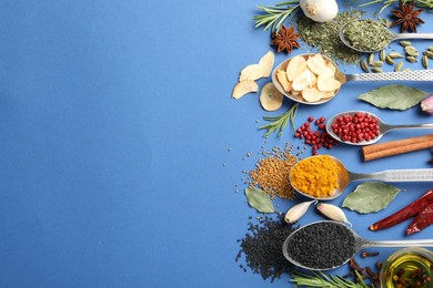 Photo of Different aromatic spices in spoons on blue background, flat lay. Space for text