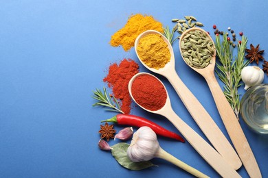 Photo of Different aromatic spices in spoons on blue background, flat lay. Space for text