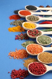 Photo of Different aromatic spices in spoons on blue background, closeup