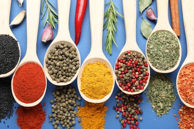 Photo of Different aromatic spices in spoons on blue background, flat lay