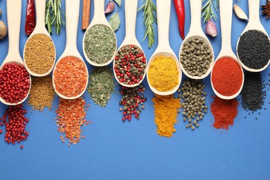 Photo of Different aromatic spices in spoons on blue background, flat lay