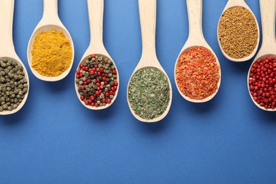 Photo of Different aromatic spices in spoons on blue background, flat lay. Space for text