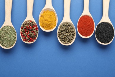 Photo of Different aromatic spices in spoons on blue background, flat lay. Space for text