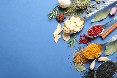 Photo of Different aromatic spices on blue background, flat lay. Space for text