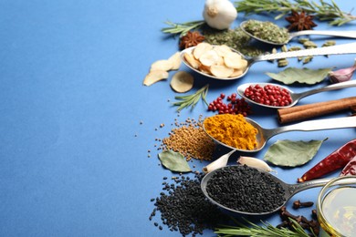 Photo of Different aromatic spices on blue background, closeup. Space for text