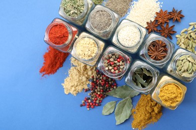 Photo of Different aromatic spices in jars on blue background, flat lay