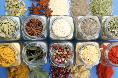 Photo of Different aromatic spices in jars on blue background, flat lay