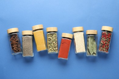 Photo of Different aromatic spices in jars on blue background, flat lay