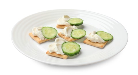 Photo of Tasty crackers with cream cheese and cucumber isolated on white