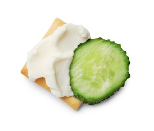 Photo of Tasty cracker with cream cheese and cucumber isolated on white, top view
