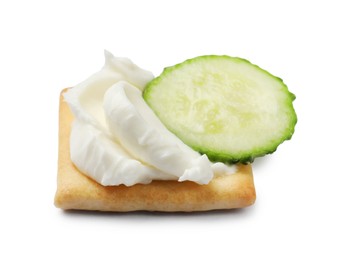 Photo of Tasty crackers with cream cheese and cucumber isolated on white
