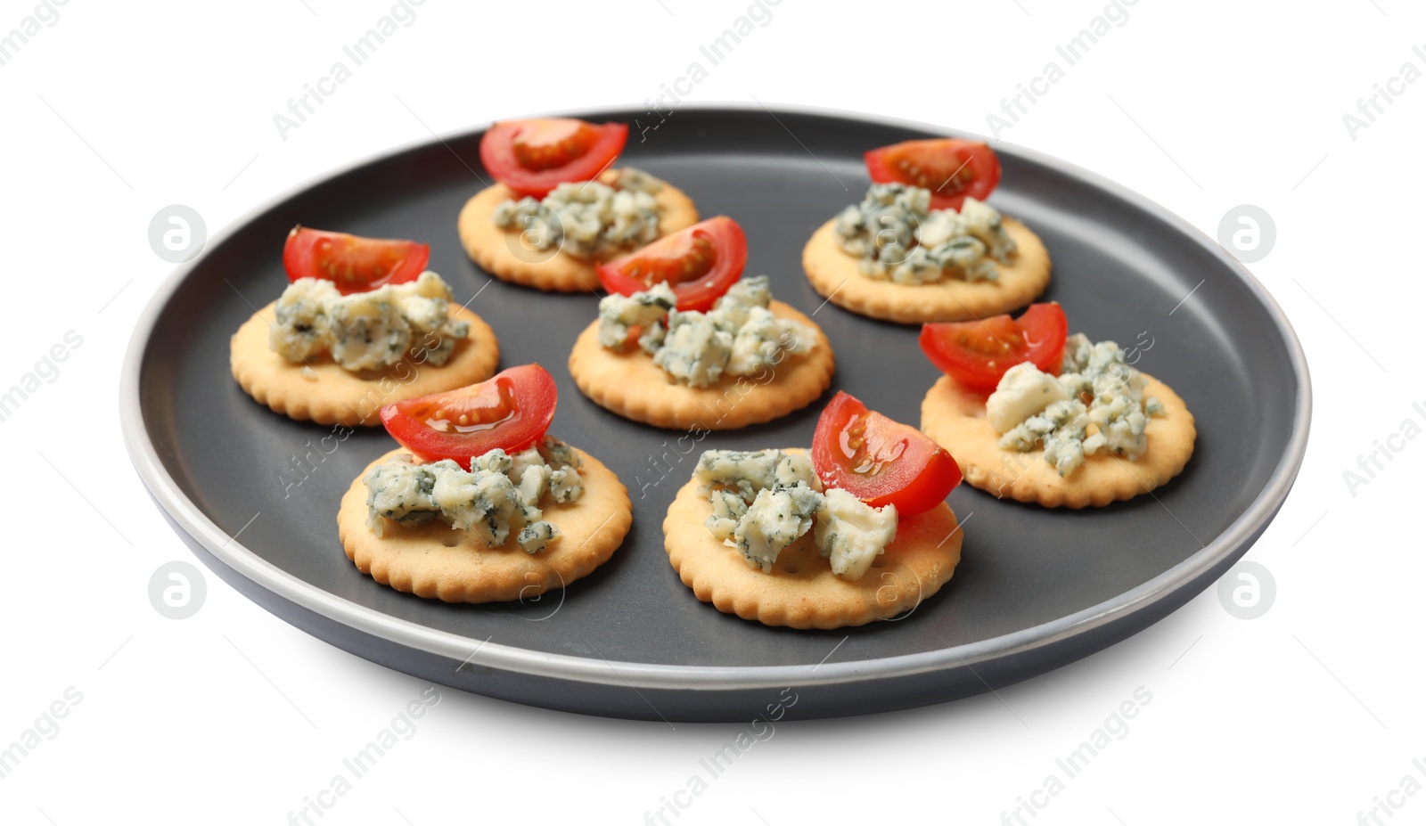 Tasty crackers with blue cheese and tomatoes isolated on white Photo of Tasty crackers with blue cheese and tomatoes isolated on white