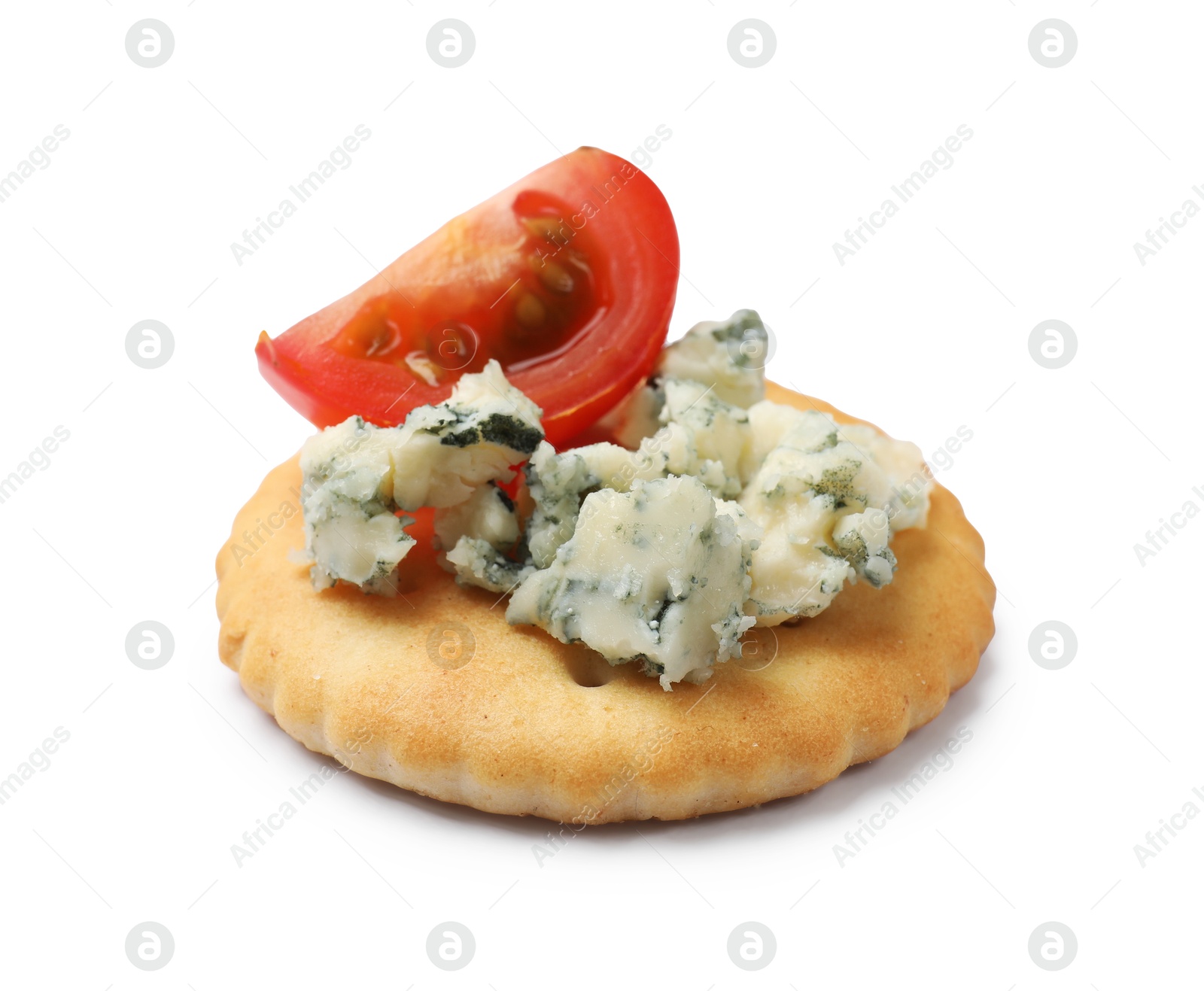 Tasty cracker with blue cheese and tomato isolated on white Photo of Tasty cracker with blue cheese and tomato isolated on white