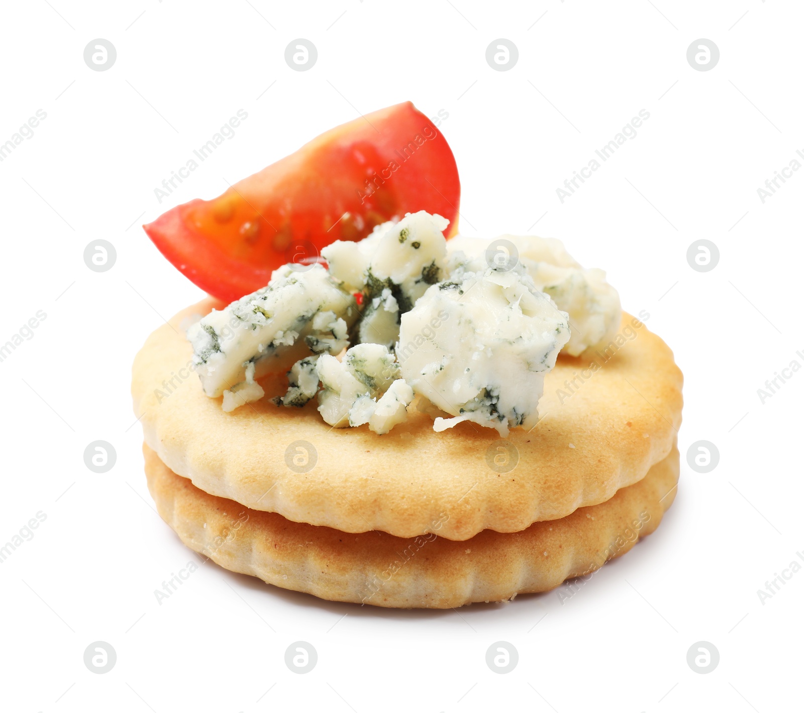 Tasty crackers with blue cheese and tomato isolated on white Photo of Tasty crackers with blue cheese and tomato isolated on white