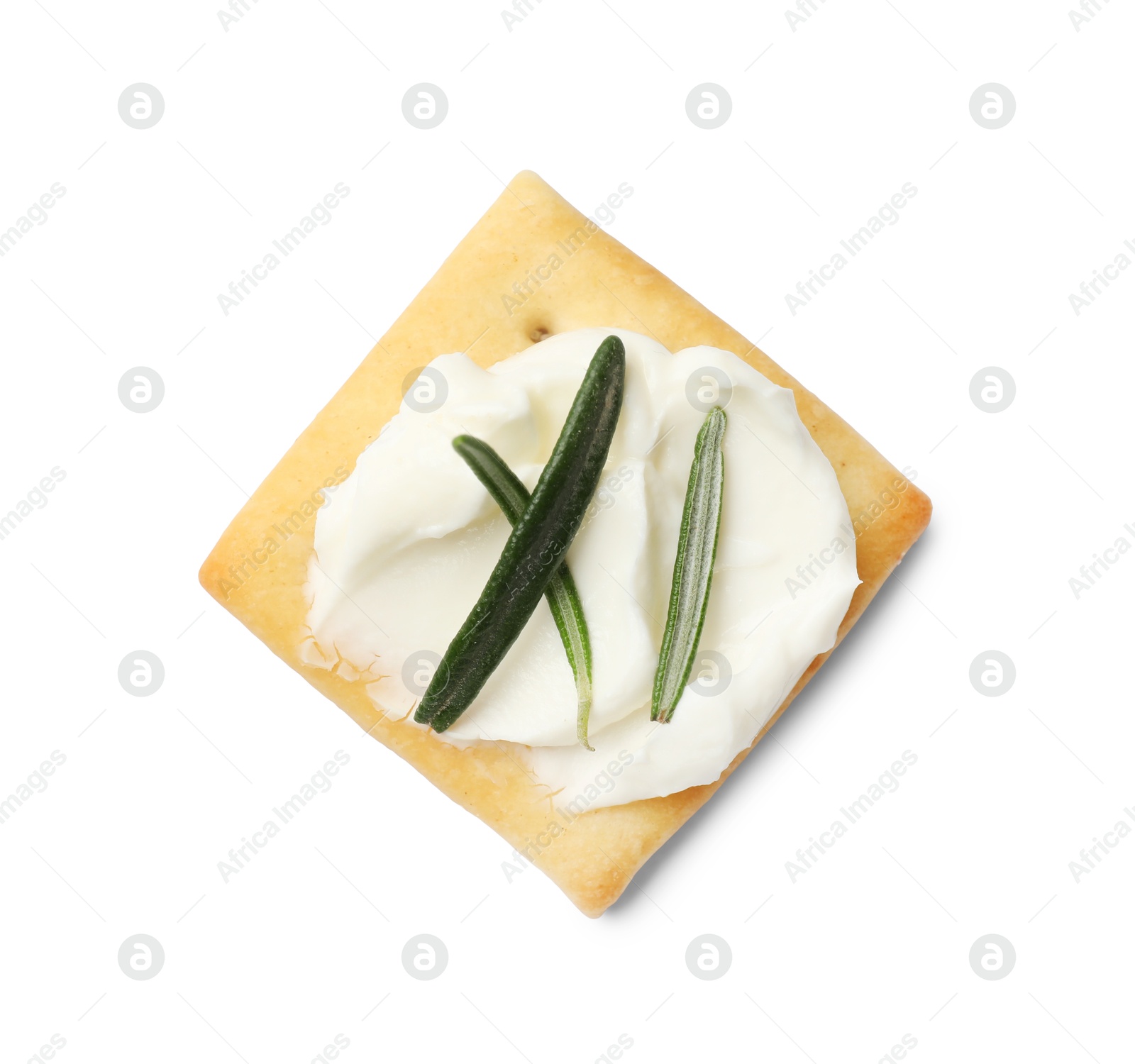 Tasty cracker with cream cheese and rosemary isolated on white, top view Photo of Tasty cracker with cream cheese and rosemary isolated on white, top view