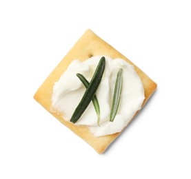 Photo of Tasty cracker with cream cheese and rosemary isolated on white, top view