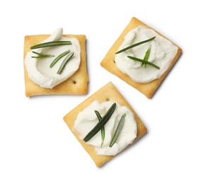 Photo of Tasty crackers with cream cheese and rosemary isolated on white, top view