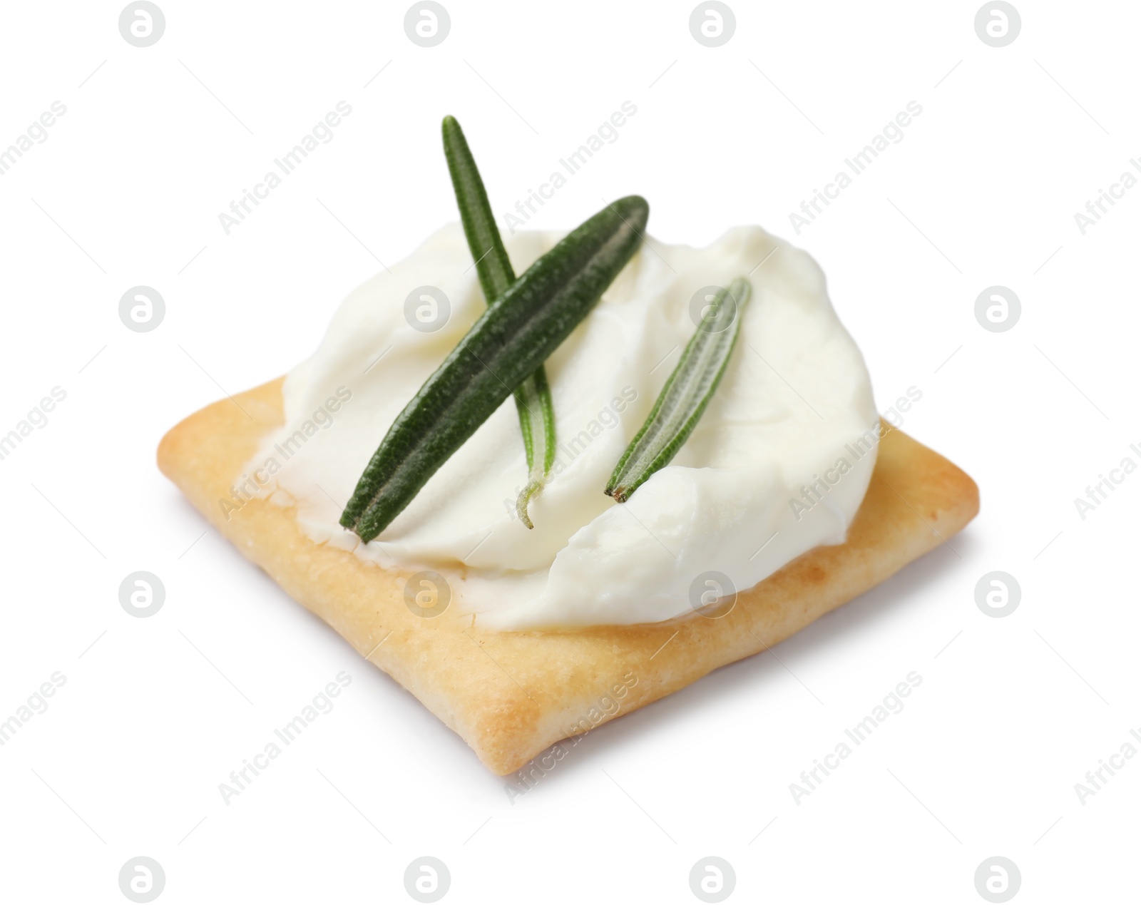 Tasty cracker with cream cheese and rosemary isolated on white Photo of Tasty cracker with cream cheese and rosemary isolated on white
