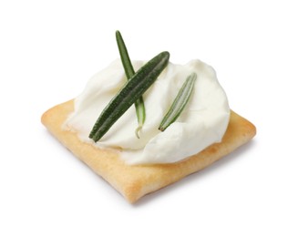 Photo of Tasty cracker with cream cheese and rosemary isolated on white