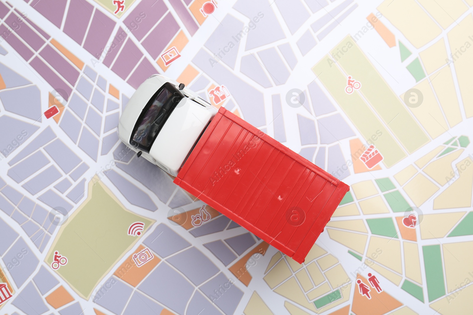 Truck model on city map, top view Photo of Truck model on city map, top view