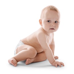 Photo of Portrait of cute little baby on white background