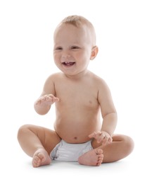 Photo of Portrait of cute little baby on white background
