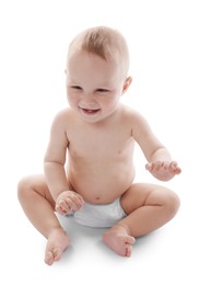 Photo of Portrait of cute little baby on white background