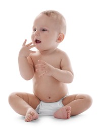 Photo of Portrait of cute little baby on white background
