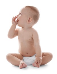 Photo of Portrait of cute little baby on white background