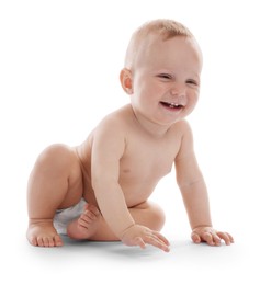 Photo of Portrait of cute little baby on white background