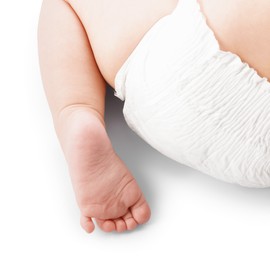 Photo of Cute little baby on white background, closeup