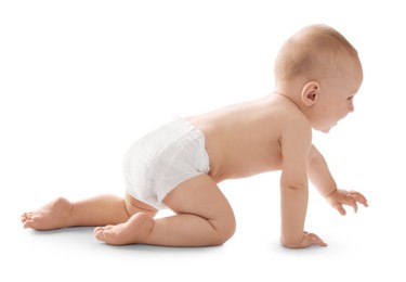 Photo of Cute little baby crawling on white background