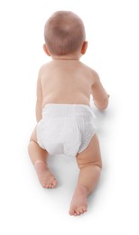 Photo of Cute little baby crawling on white background, back view
