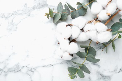 Photo of Eucalyptus branches and cotton flowers on white marble table, above view. Space for text
