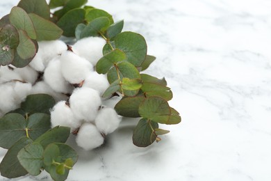 Photo of Eucalyptus branches and cotton flowers on white marble table, closeup. Space for text